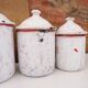 Series of 6 spice pots in white and red enamel for cooking