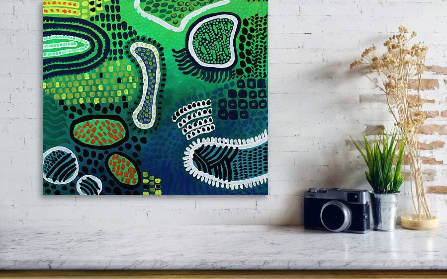 Modern abstract green, yellow, blue and white mixed media painting