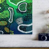 Modern abstract green, yellow, blue and white mixed media painting