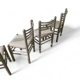 5 x dining chairs / light grey wooden frame / leather seat / Germany 1970s / labeled "ideen für kuchen - innenarchitektur"