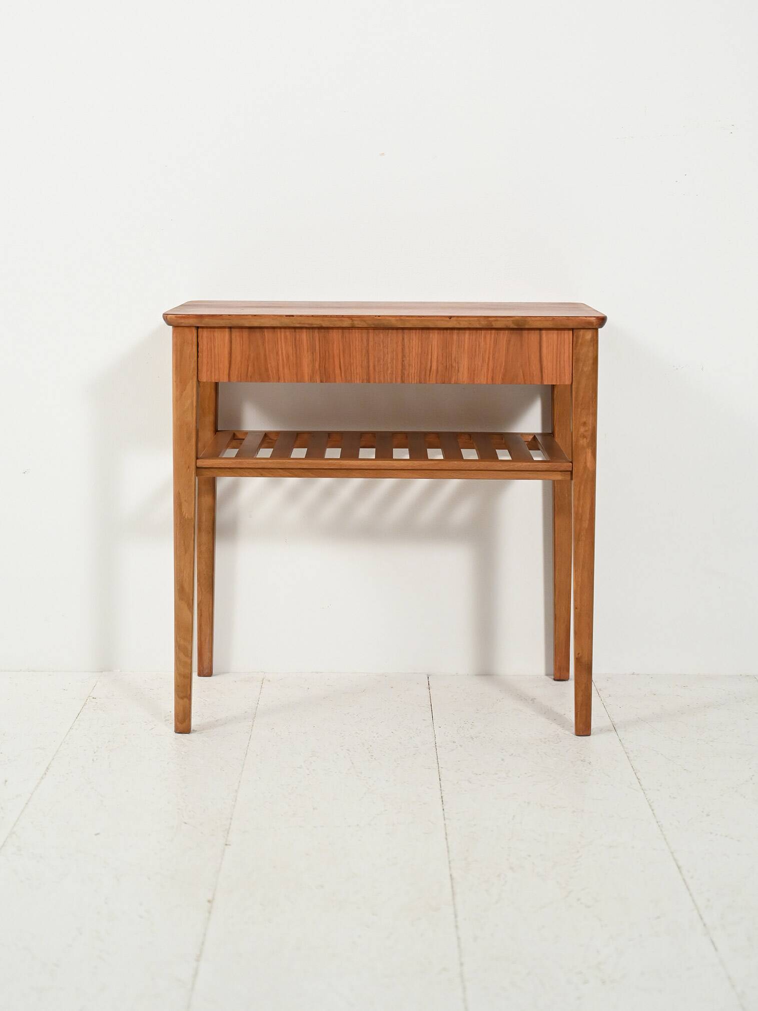 Scandinavian bedside table with slatted shelf