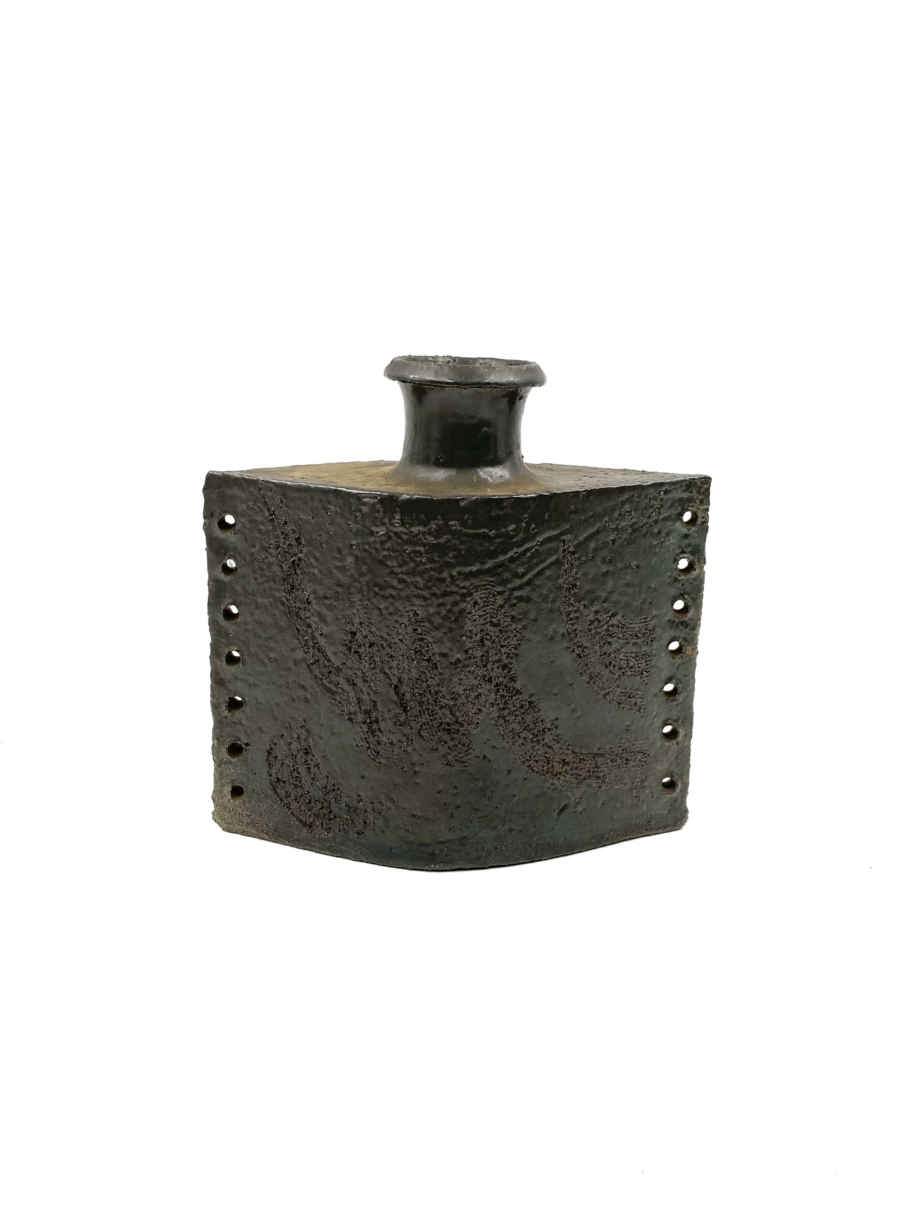 Dark green brutalist ceramic vase, Italy 1980s