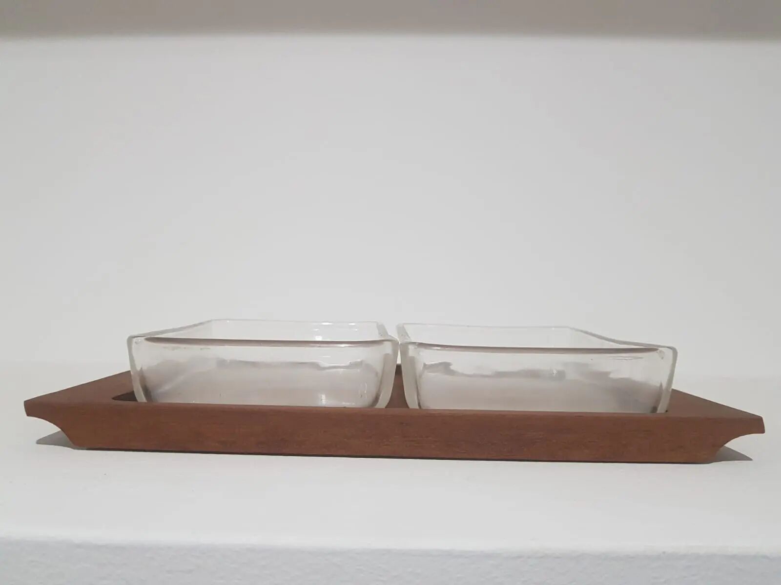 Service set, brown teak wood, clear glass, Denmark, 1970s.