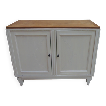 Buffet vintage beige en bois, plateau chêne – meuble ancien campagne chic
