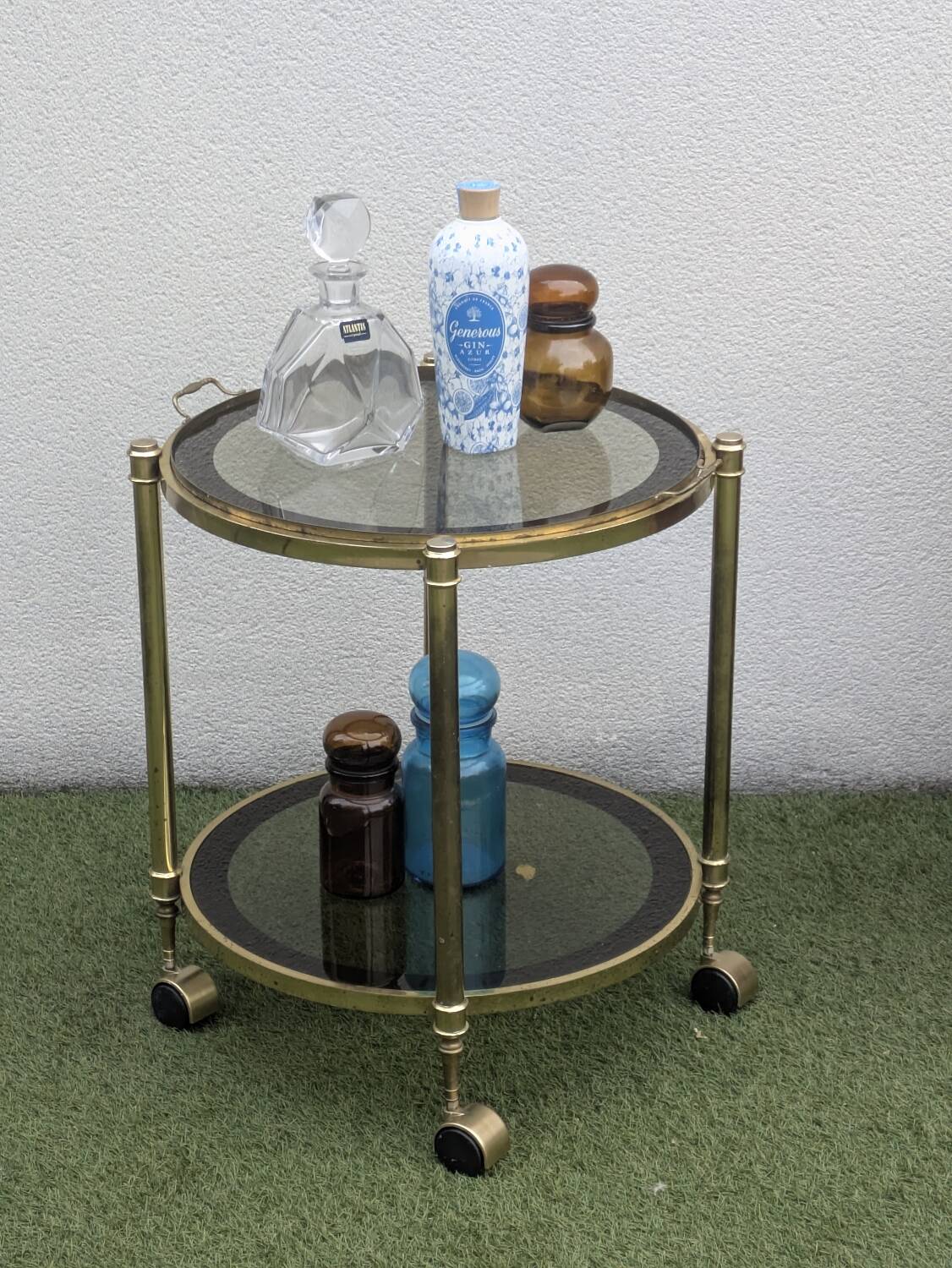 Rolling table, vintage brass and smoked glass serving cart – 1960s