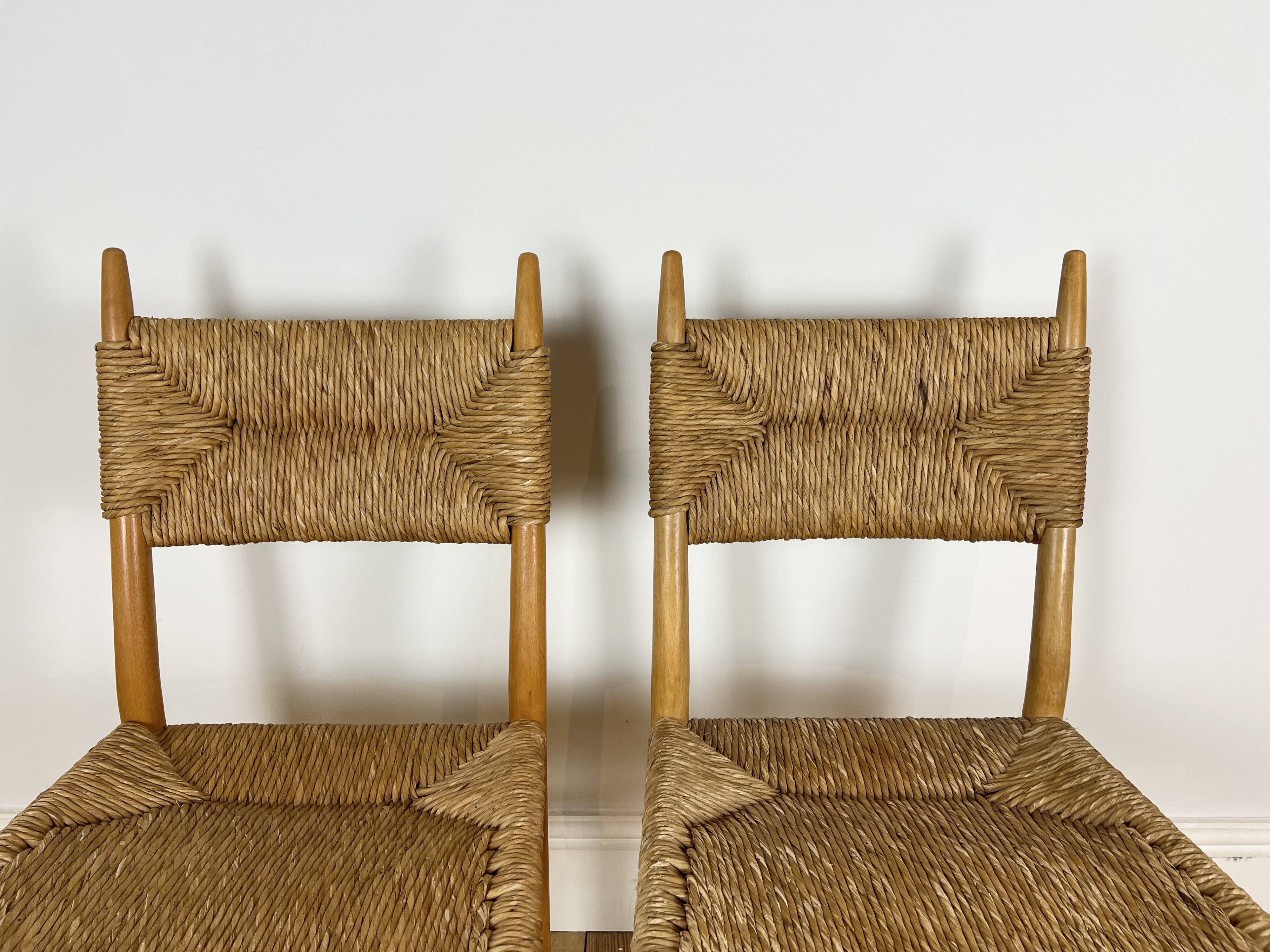 Vintage mid century rush dining chairs, Charlotte Perriand style, c.1960-70