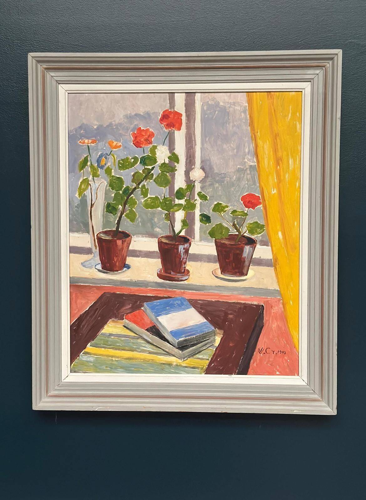 Original Swedish Oil On Panel – “Books And Blossoms” – Vintage & Framed – 91 × 77 Cm