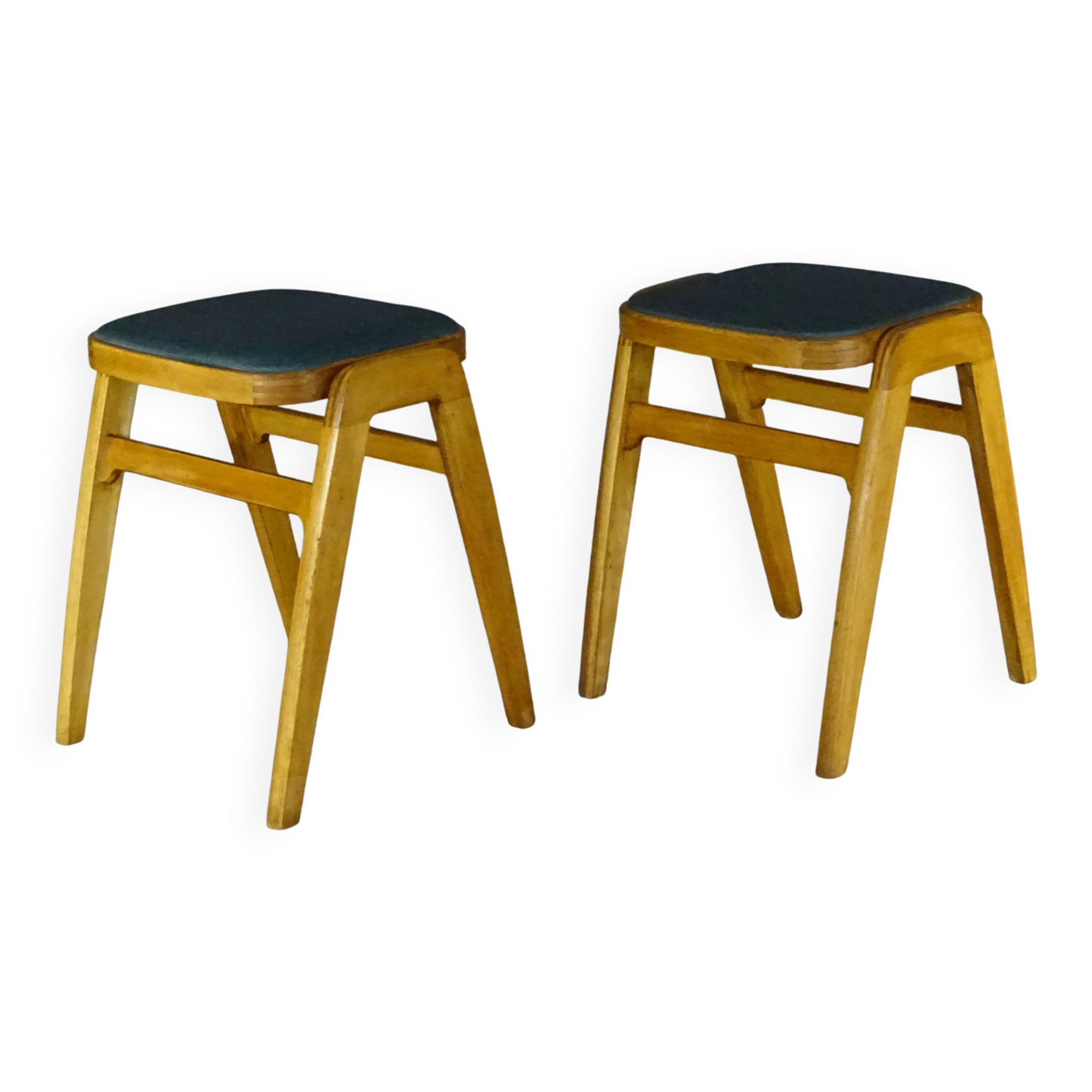 2 Mid-century green vinyl stools with compass legs from the 1960s.