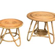 Pair of tripod coffee tables in rattan from the 1950s.