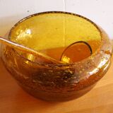 Vintage amber blown bubble glass salad bowl and ladle.