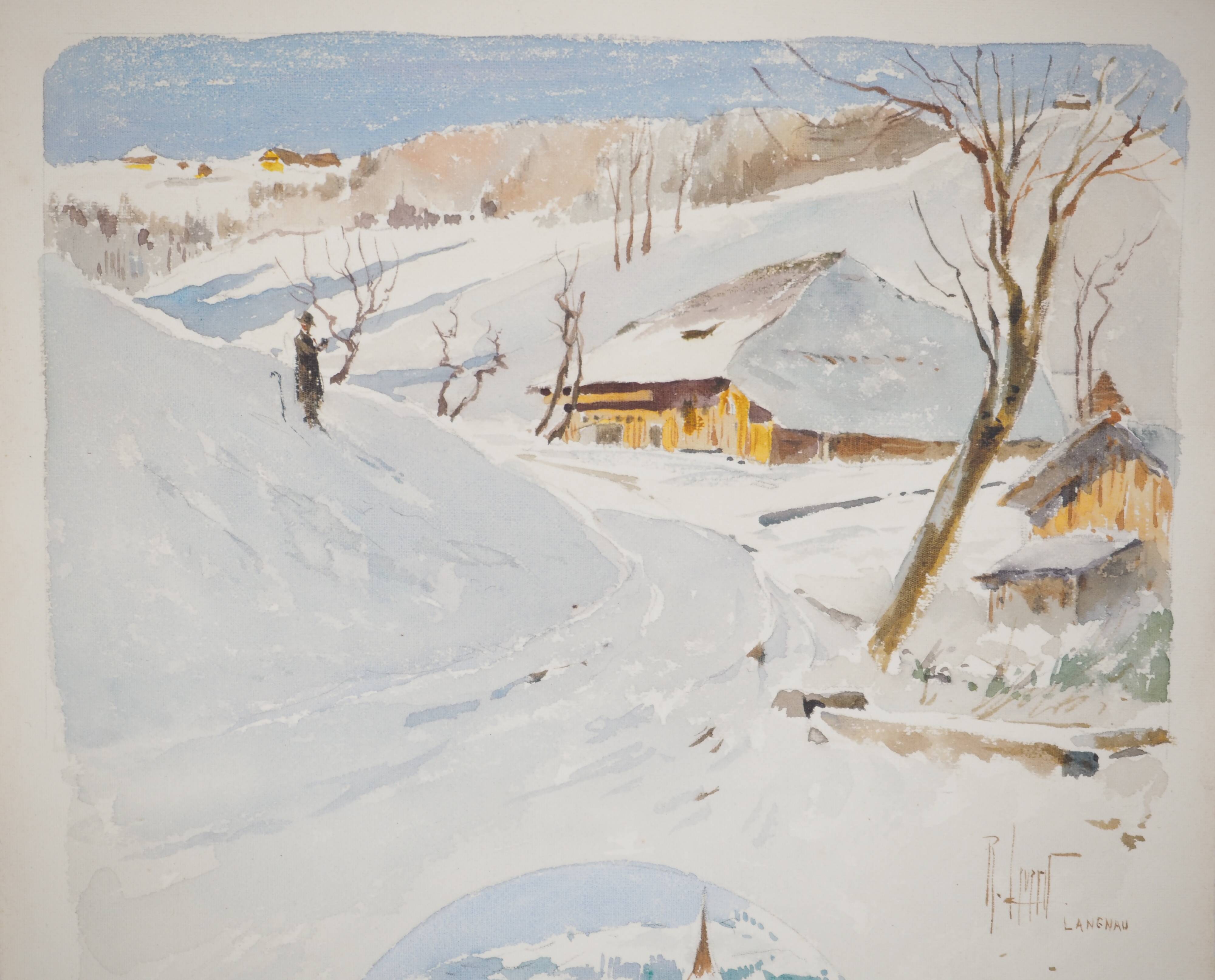 René leverd: switzerland, carriage ride in lagnau, original signed watercolor