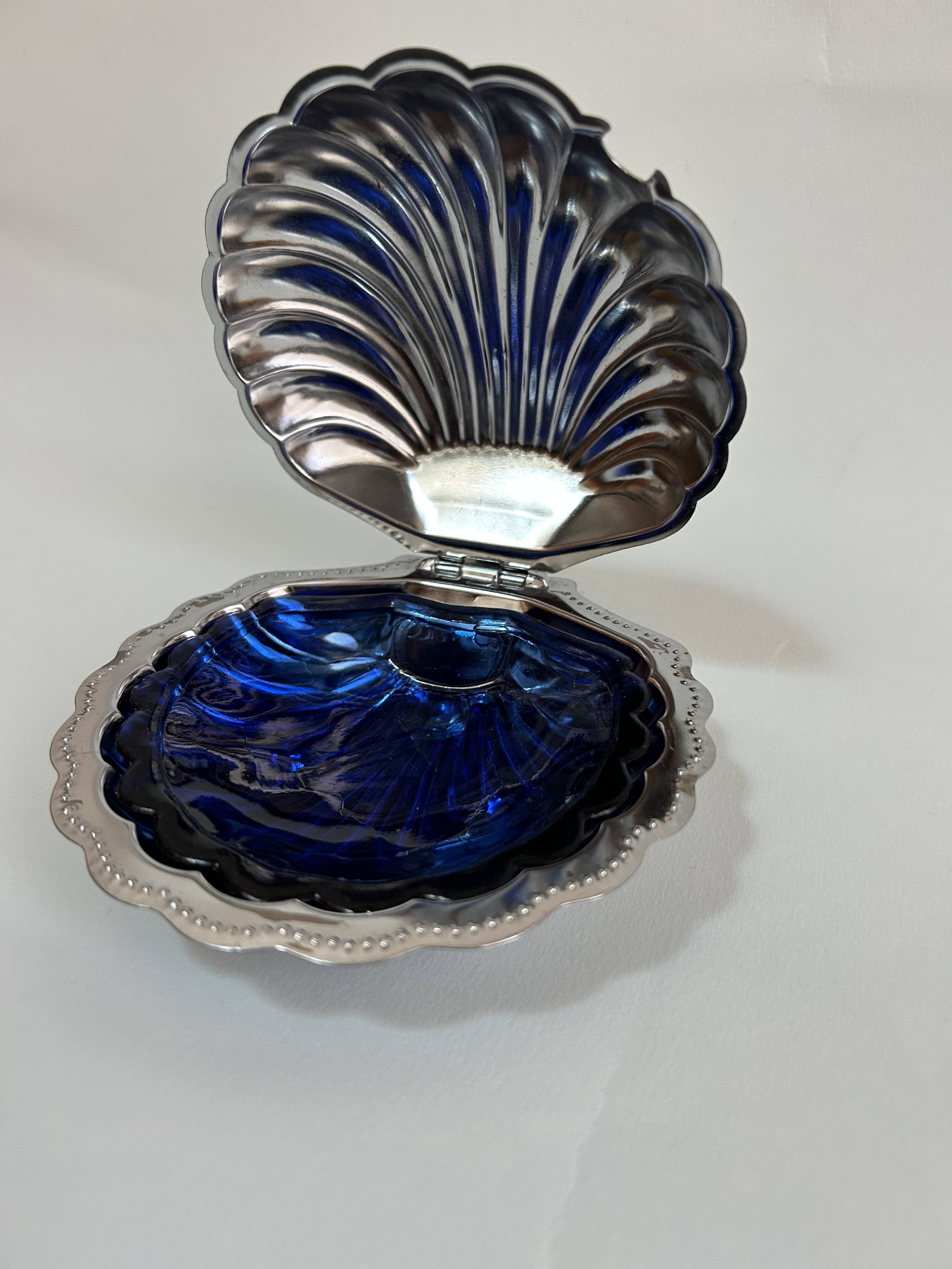 Beurrier coquillage inox et coupelle bleue