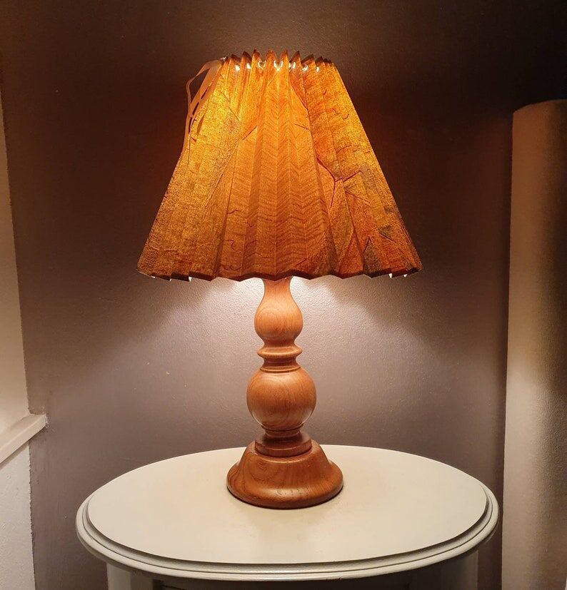 Vintage wooden lamp with pleated fabric lampshade 1980