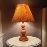 Vintage wooden lamp with pleated fabric lampshade 1980