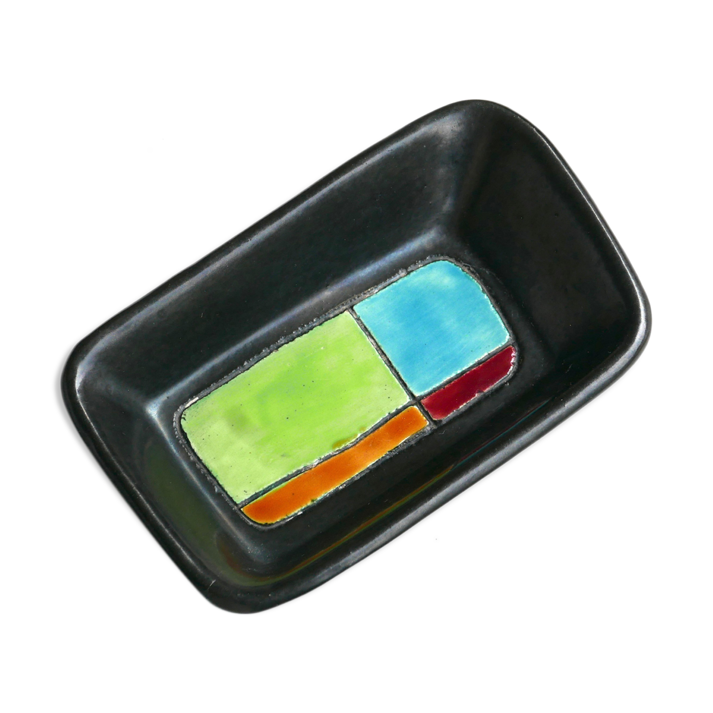Black ceramic trinket bowl, incised décor, 1950s