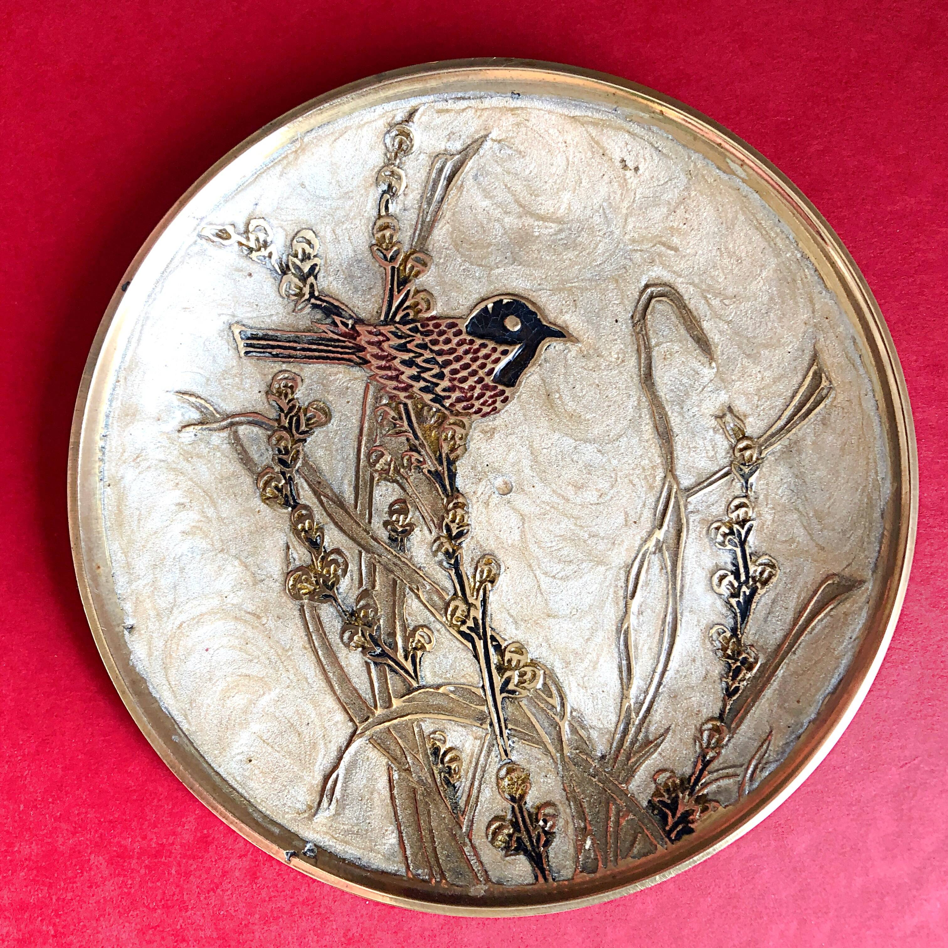 Coupelle  ou vide-poche laiton émaillé décor d'oiseau