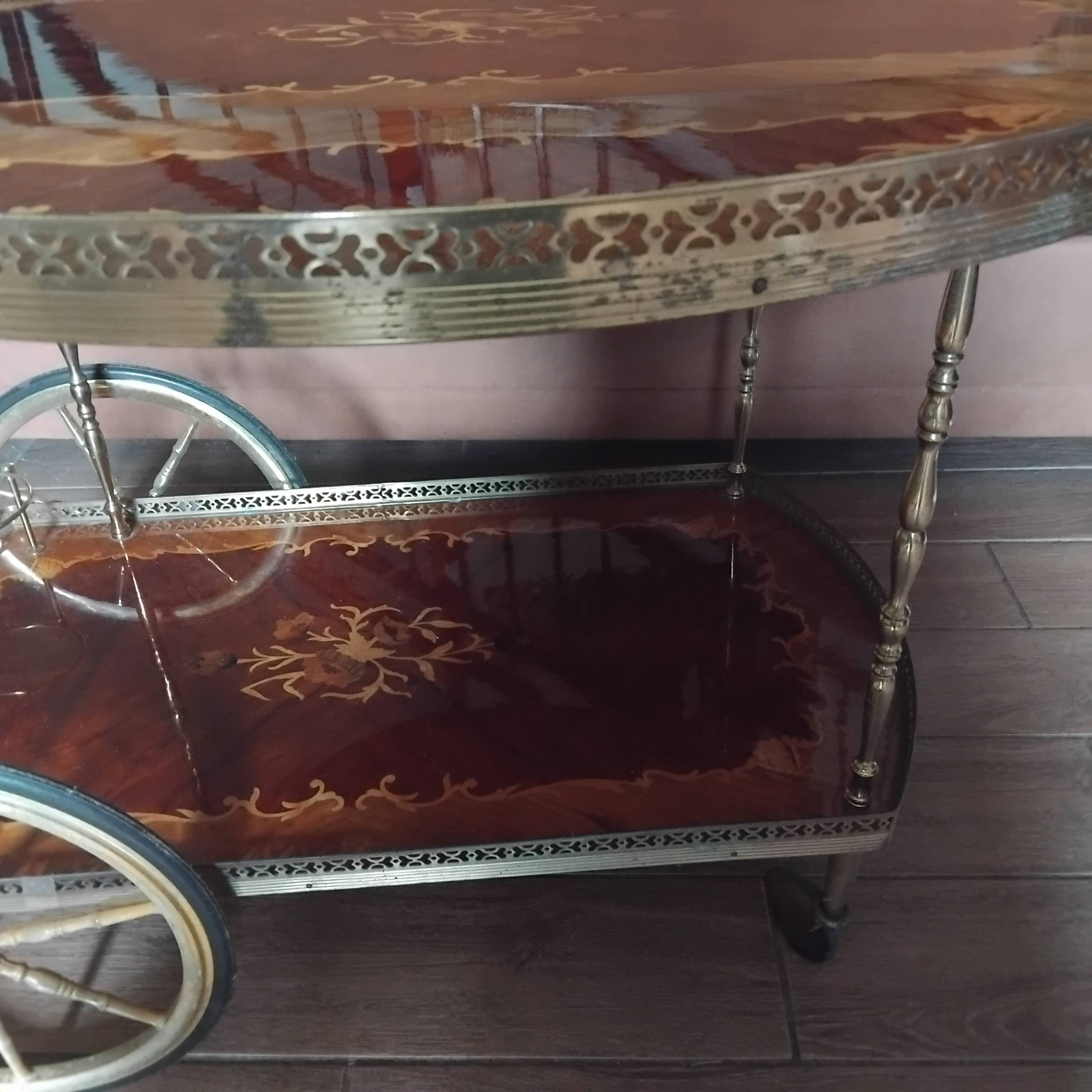 1950s marquetry and brass serving trolley