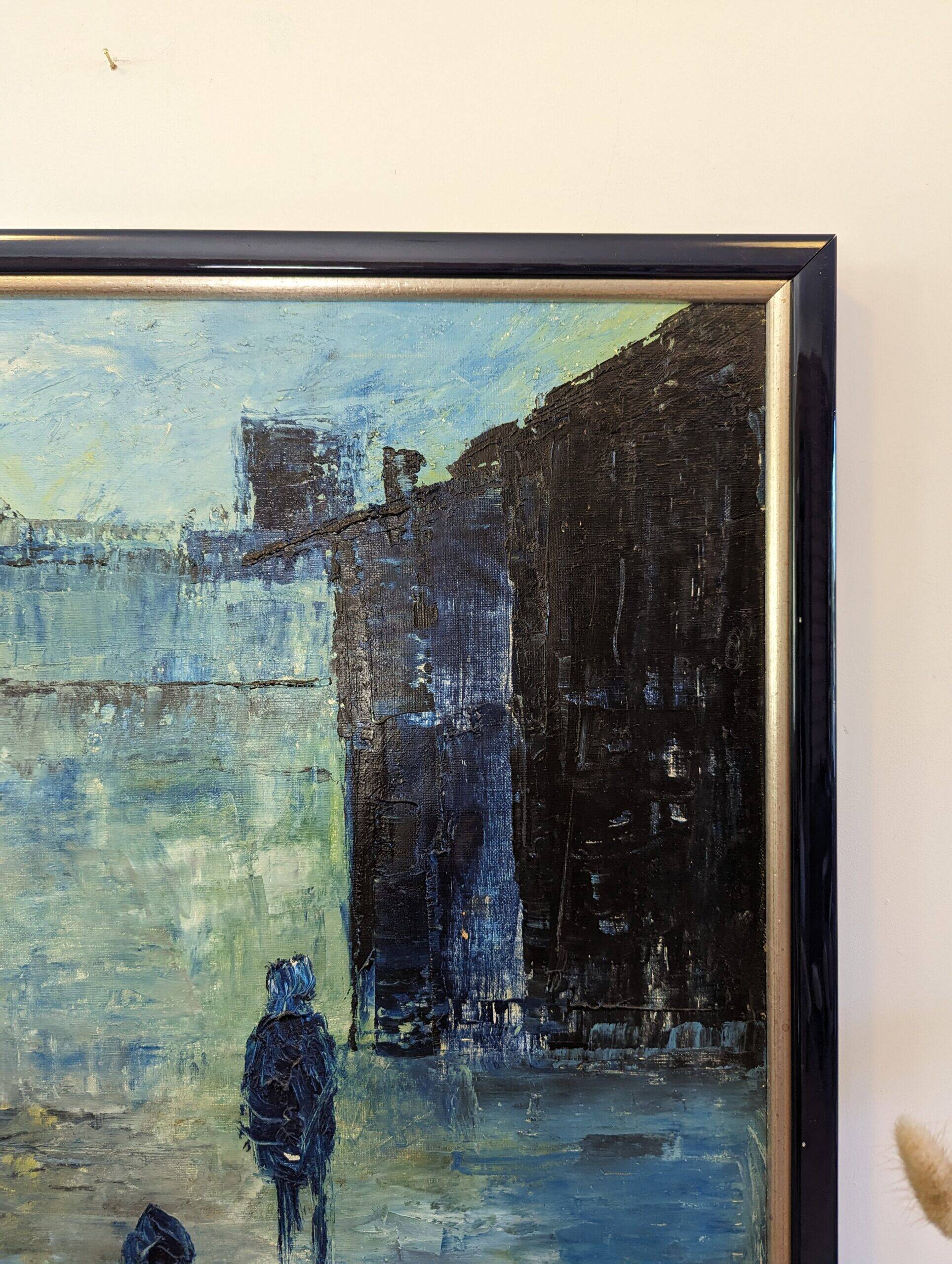 Mid-Century Modern Swedish "City Dream" Vintage Oil Painting, Framed