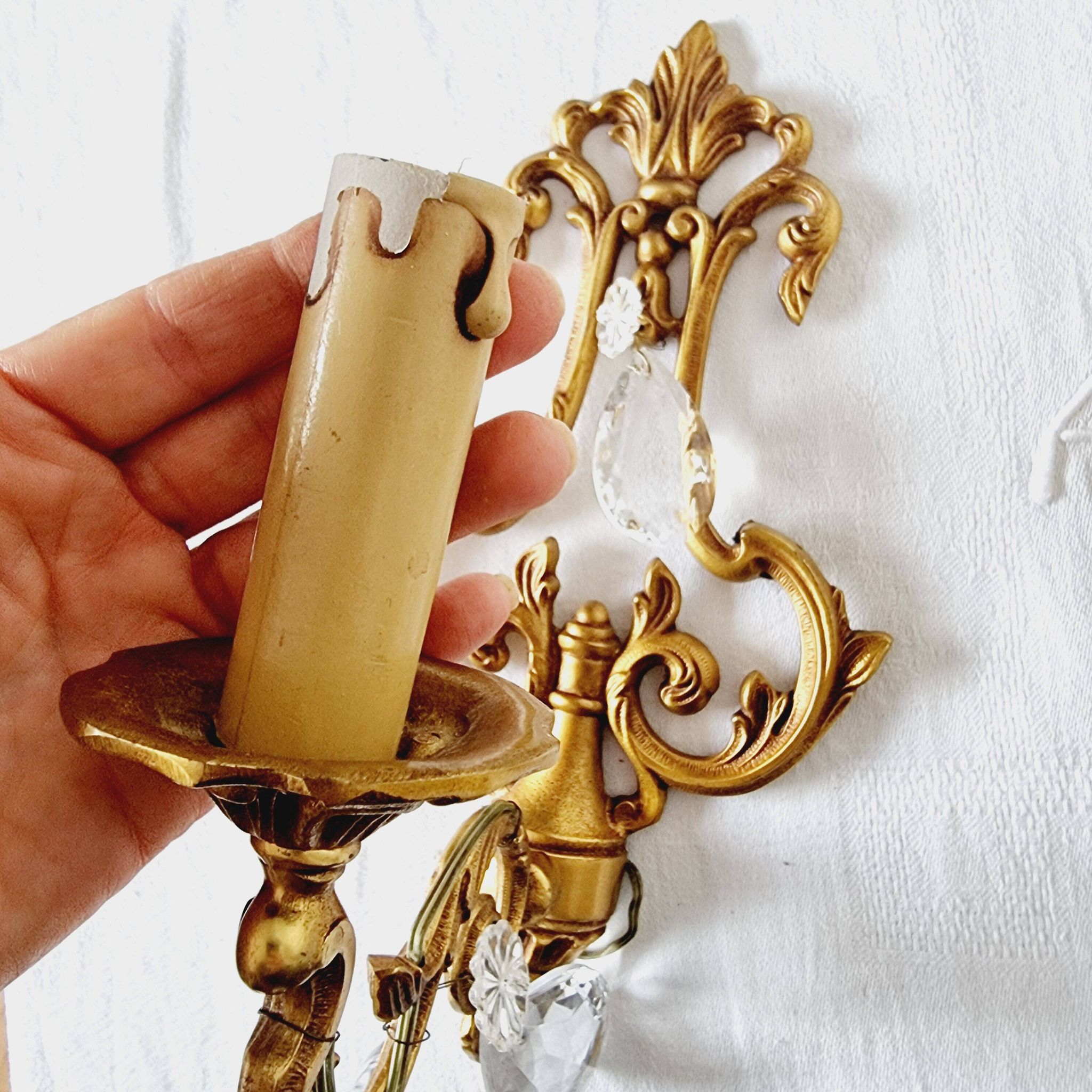 2 antique bronze and rock crystal candles and one light sconces in classic style