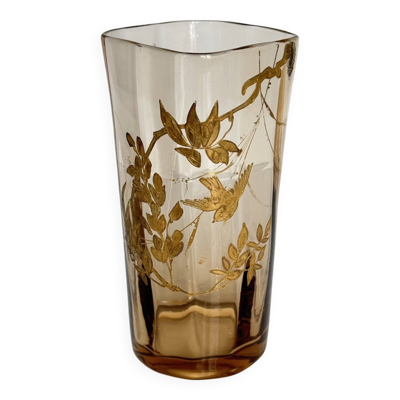 Vase en cristal à décor doré de branches et d'oiseaux, fin XIXe siècle