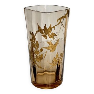 Vase en cristal à décor doré de branches et d'oiseaux, fin XIXe siècle