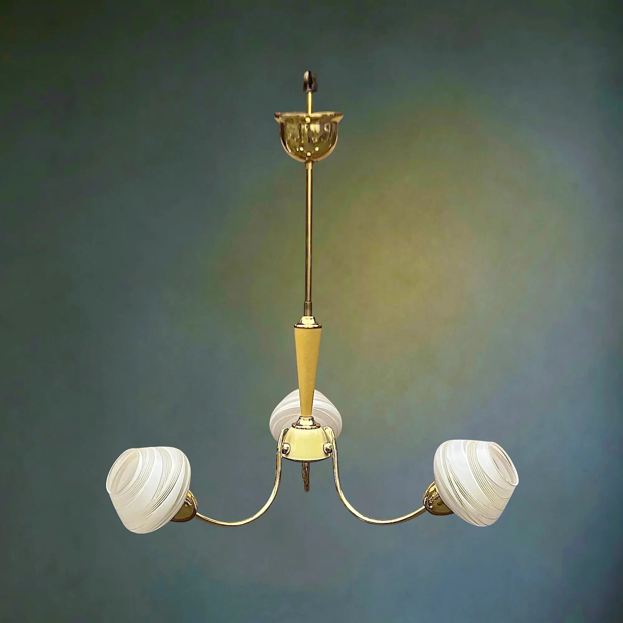 Three-light chandelier in brass and striated opaline glass – 1950s-60s