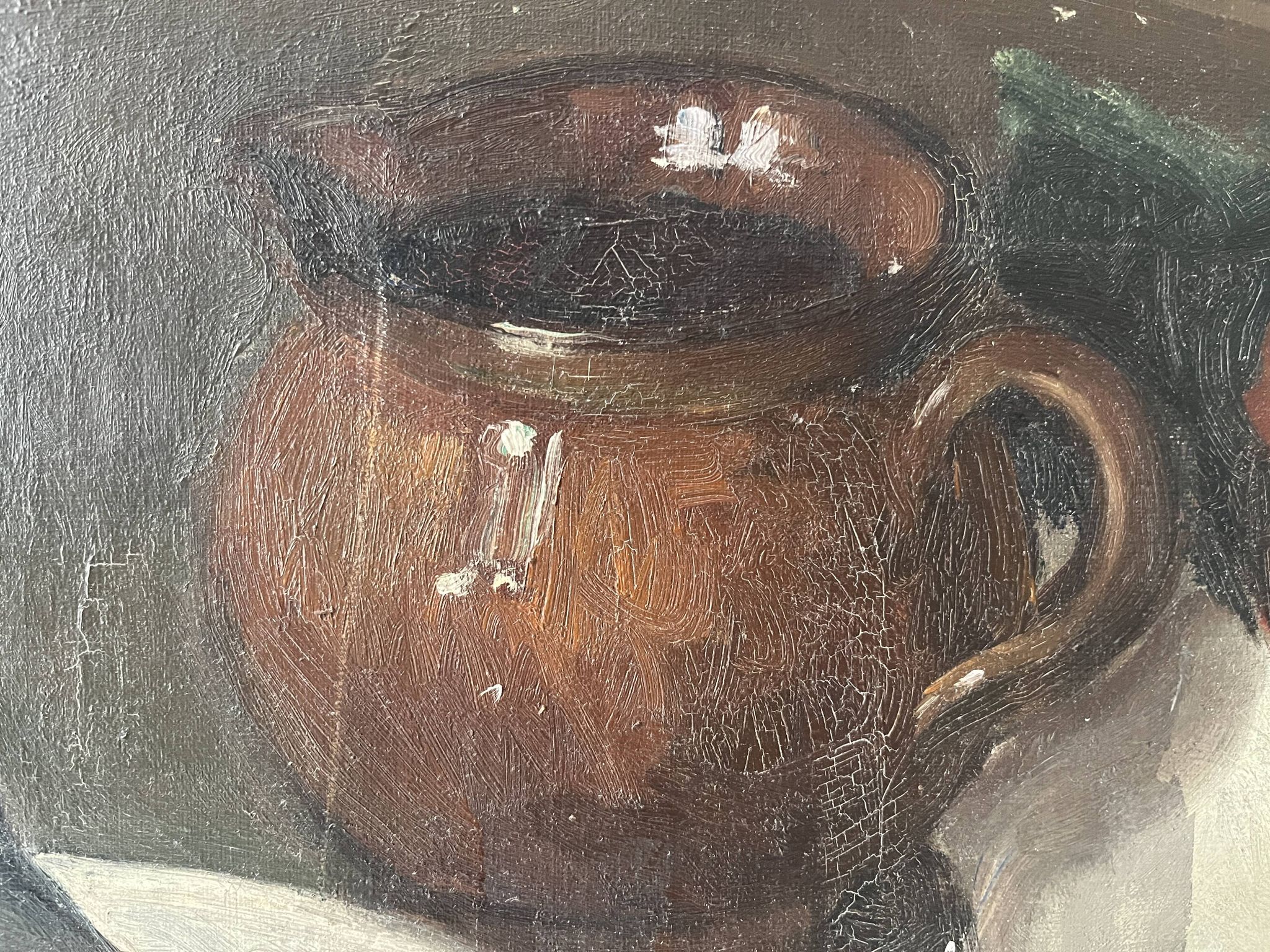 Oil on canvas still life with fish from the 1920s, antique painting.