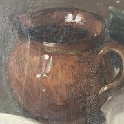 Oil on canvas still life with fish from the 1920s, antique painting.