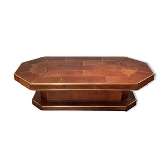 Table basse en cuir marron avec détails en laiton, france, 1975