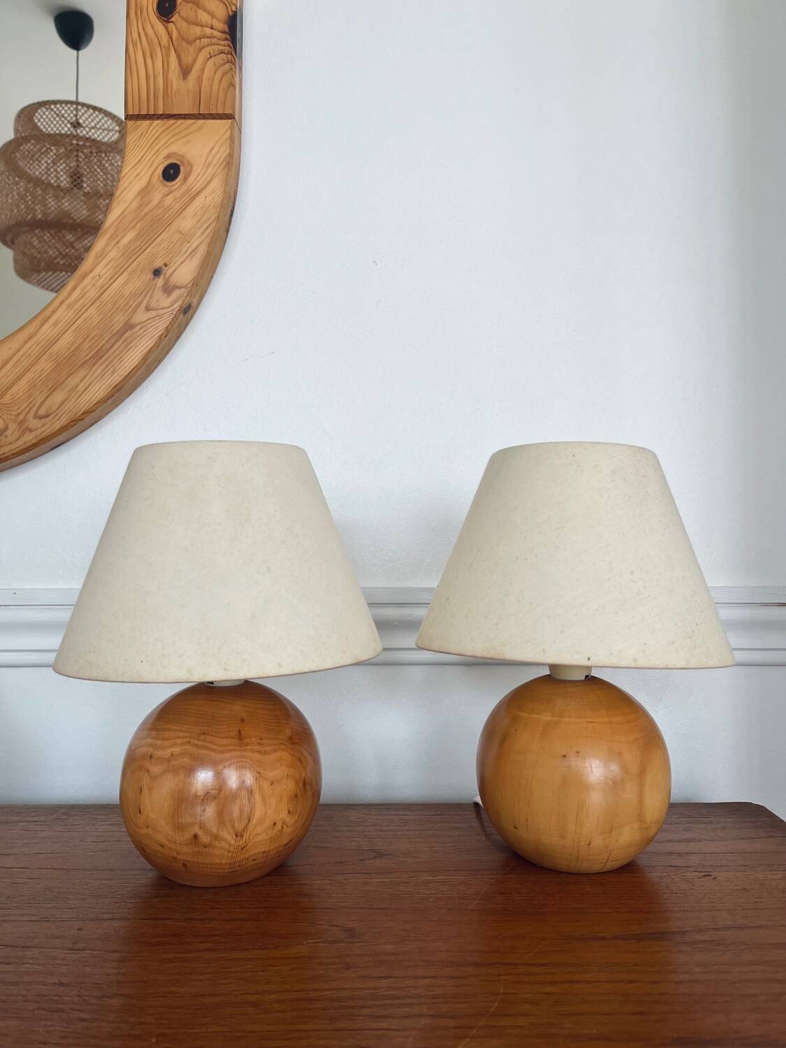 Pair of vintage wooden ball lamps