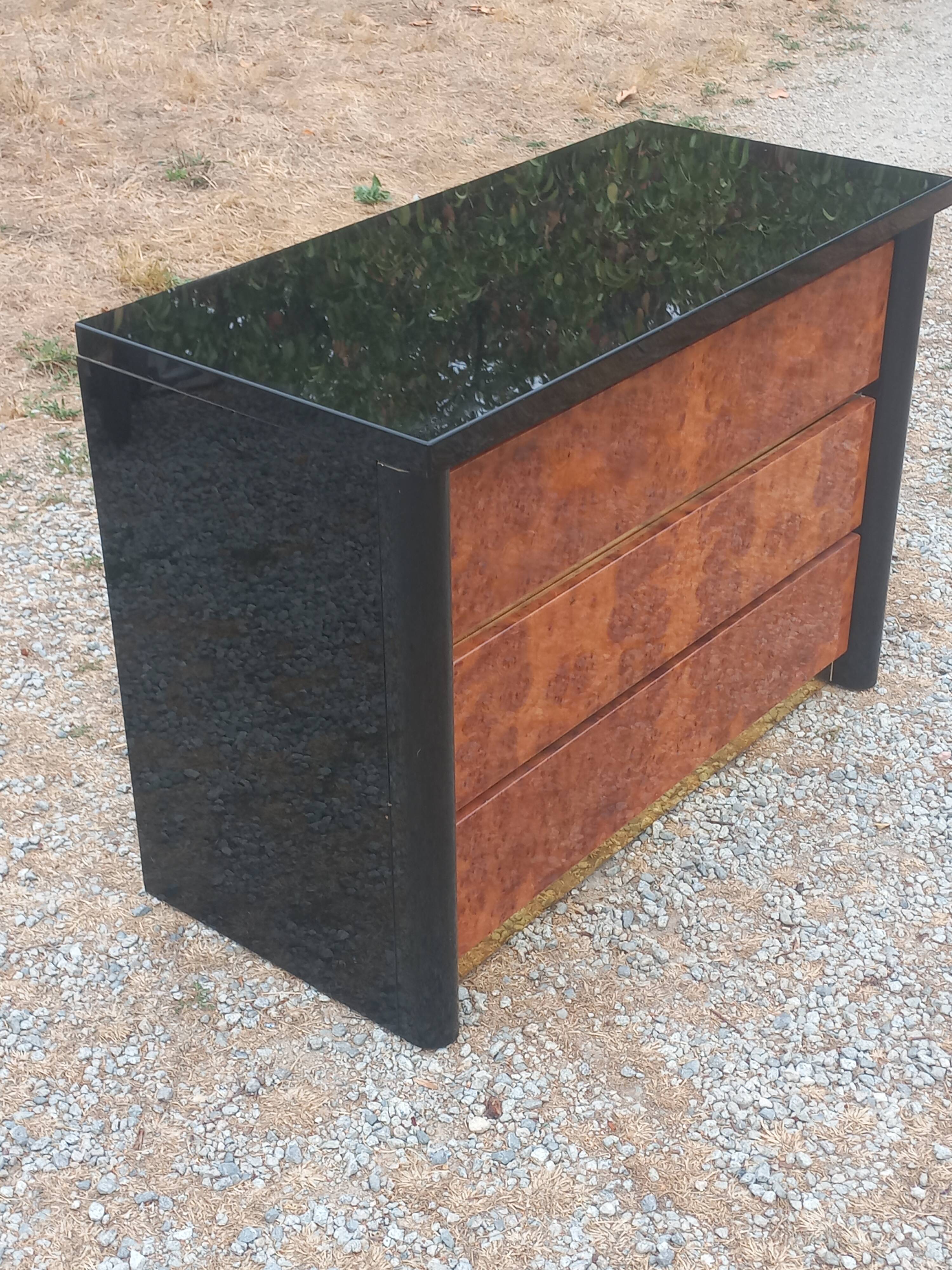 Roche Bobois Mahey black lacquer and burl commode with 3 drawers.