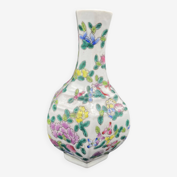 Vase chinois, 6 faces, polychrome, décor fleurs, floral, décoration asiatique, soliflore, chine
