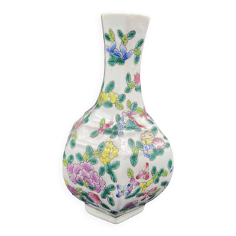 Vase chinois, 6 faces, polychrome, décor fleurs, floral, décoration asiatique, soliflore, chine