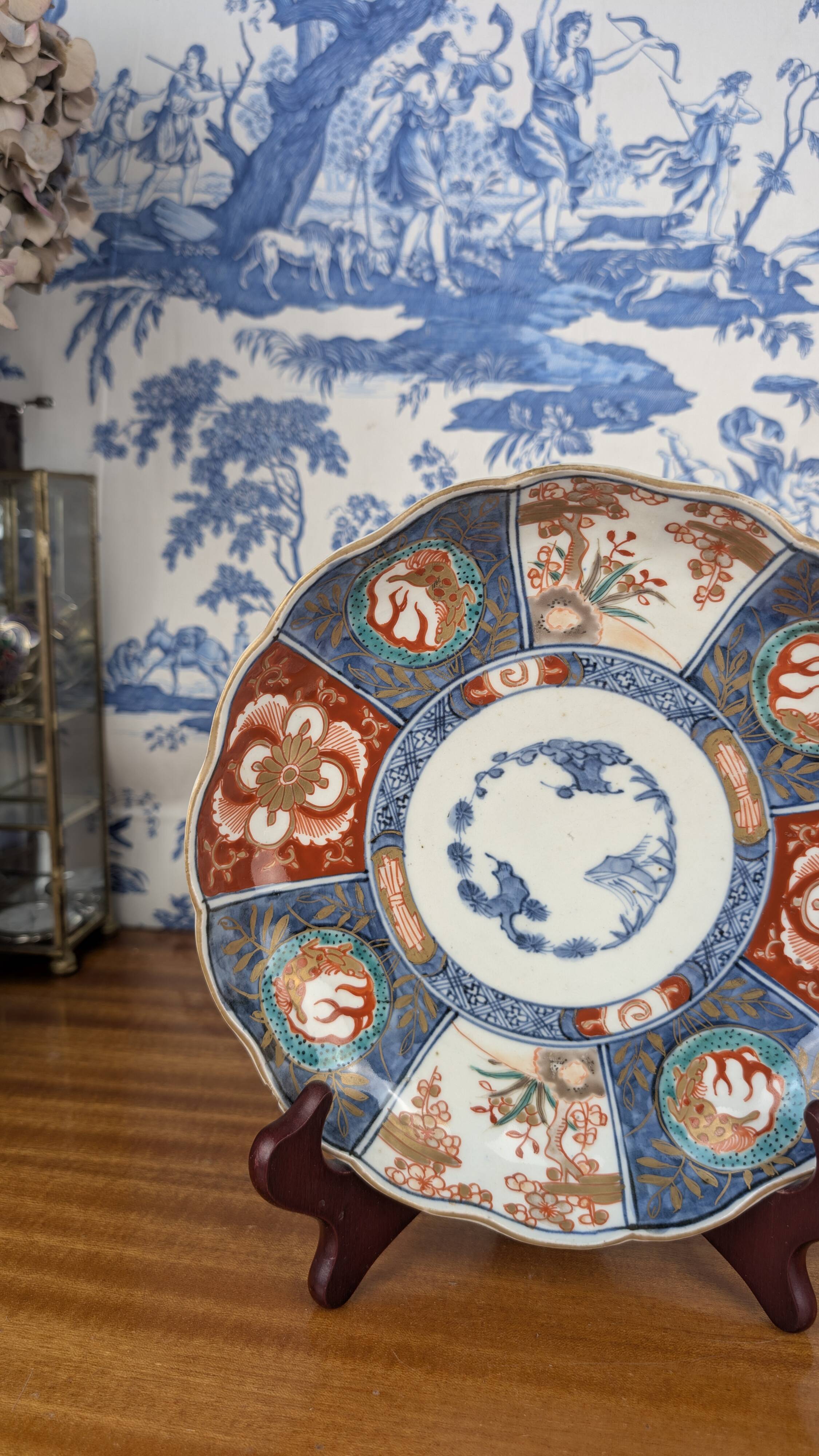 Signed Imari porcelain plate with Japanese lake and deer decoration, 19th century