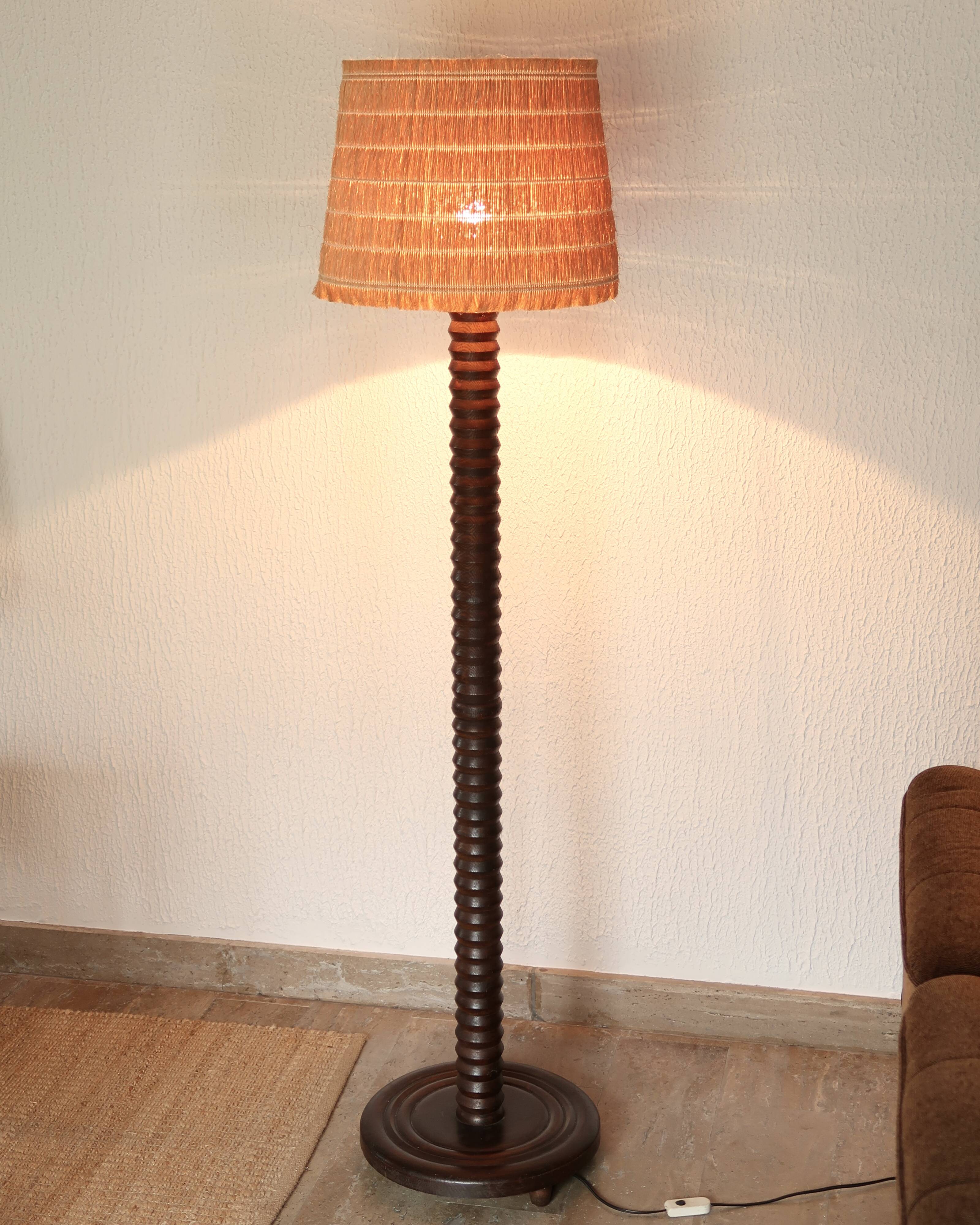 Wooden column floor lamp by Charles Dudouyt, 1940s