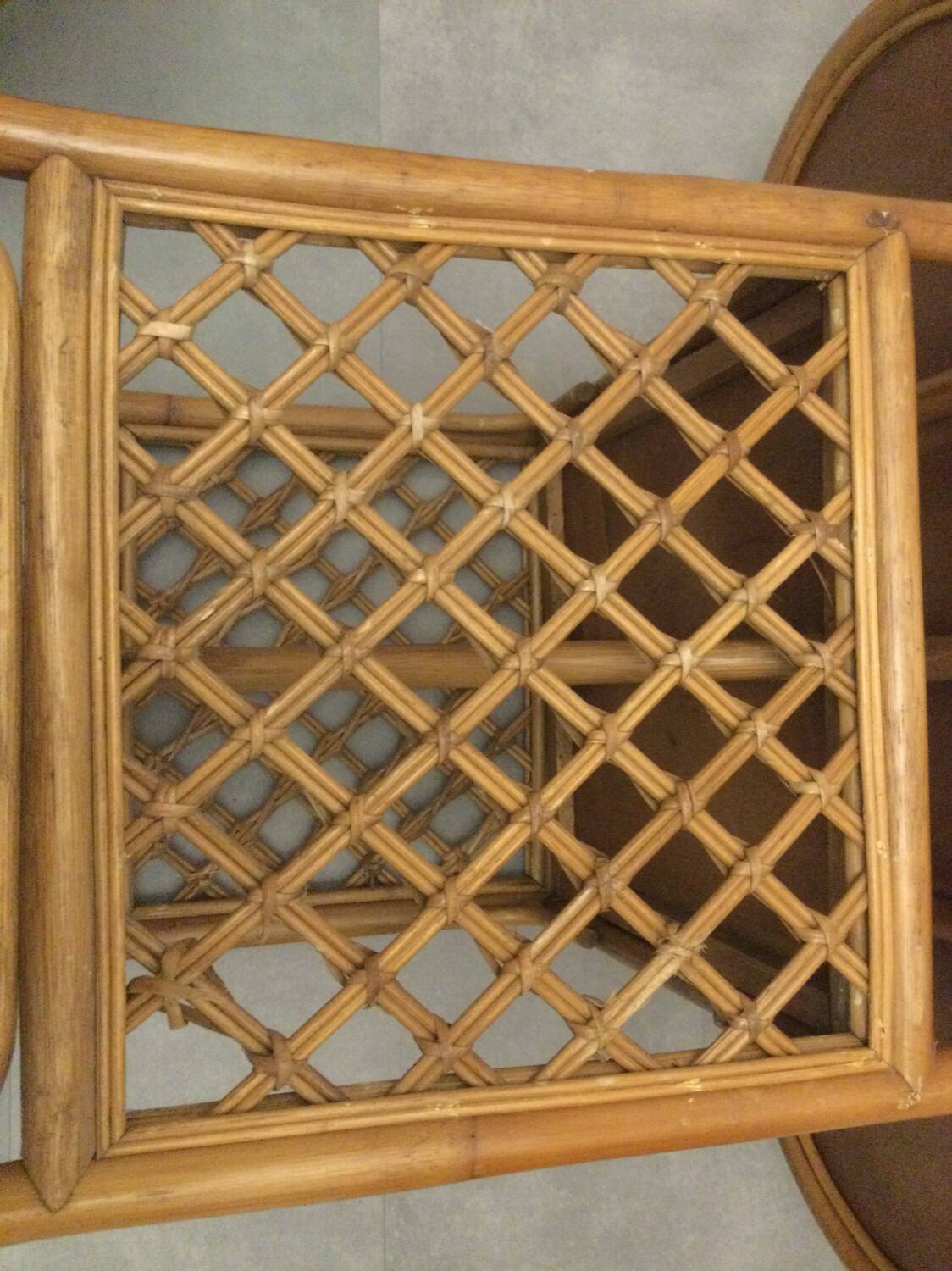 Table and 2 armchairs set in rattan and wicker, 70s/80s