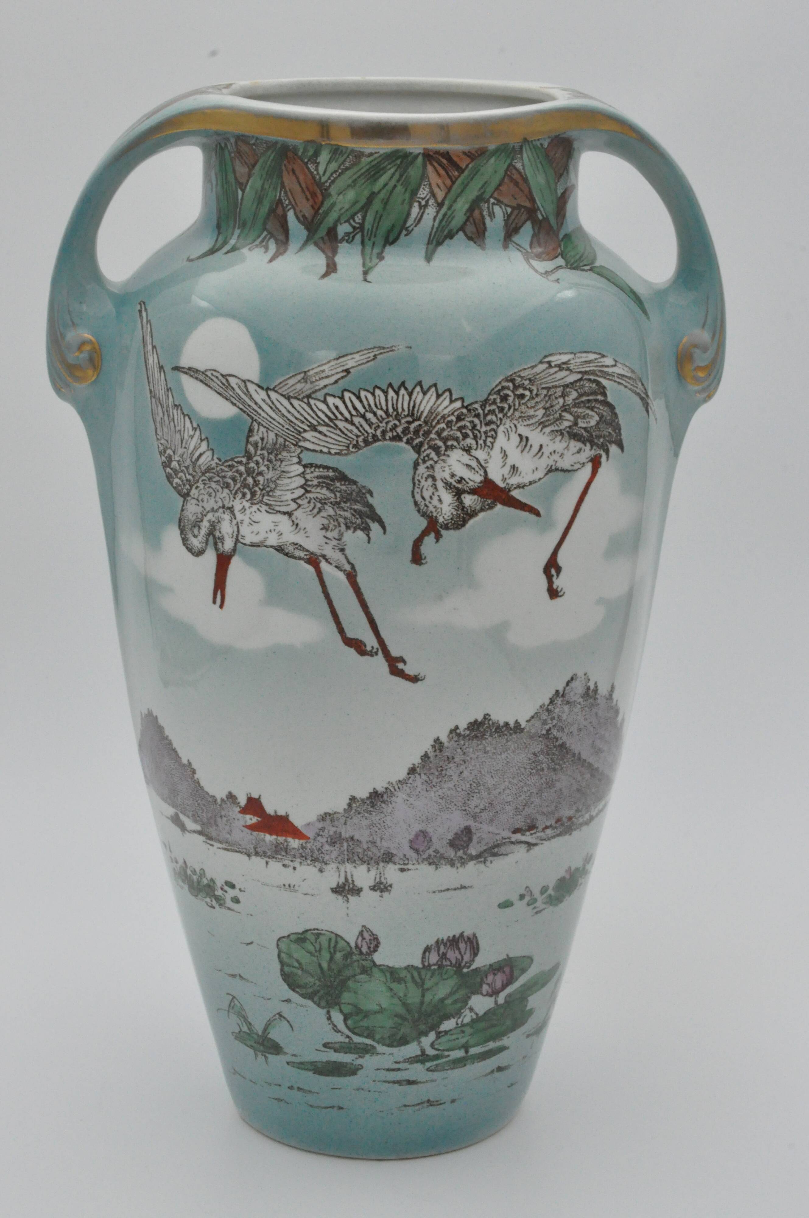 Old art nouveau vase with storks signed K&G Lunéville Formosa 703 collection