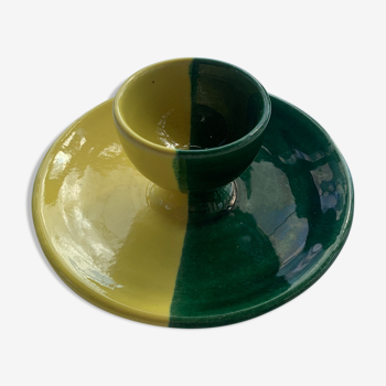 Coquetier en céramique émaillée bicolore vert et jaune vintage 1950
