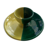 Coquetier en céramique émaillée bicolore vert et jaune vintage 1950