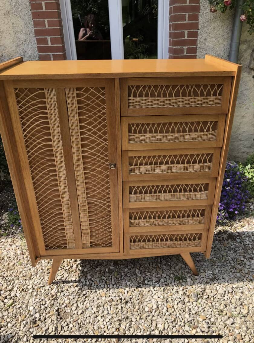 Commode bois et rotin 1/2 armoire