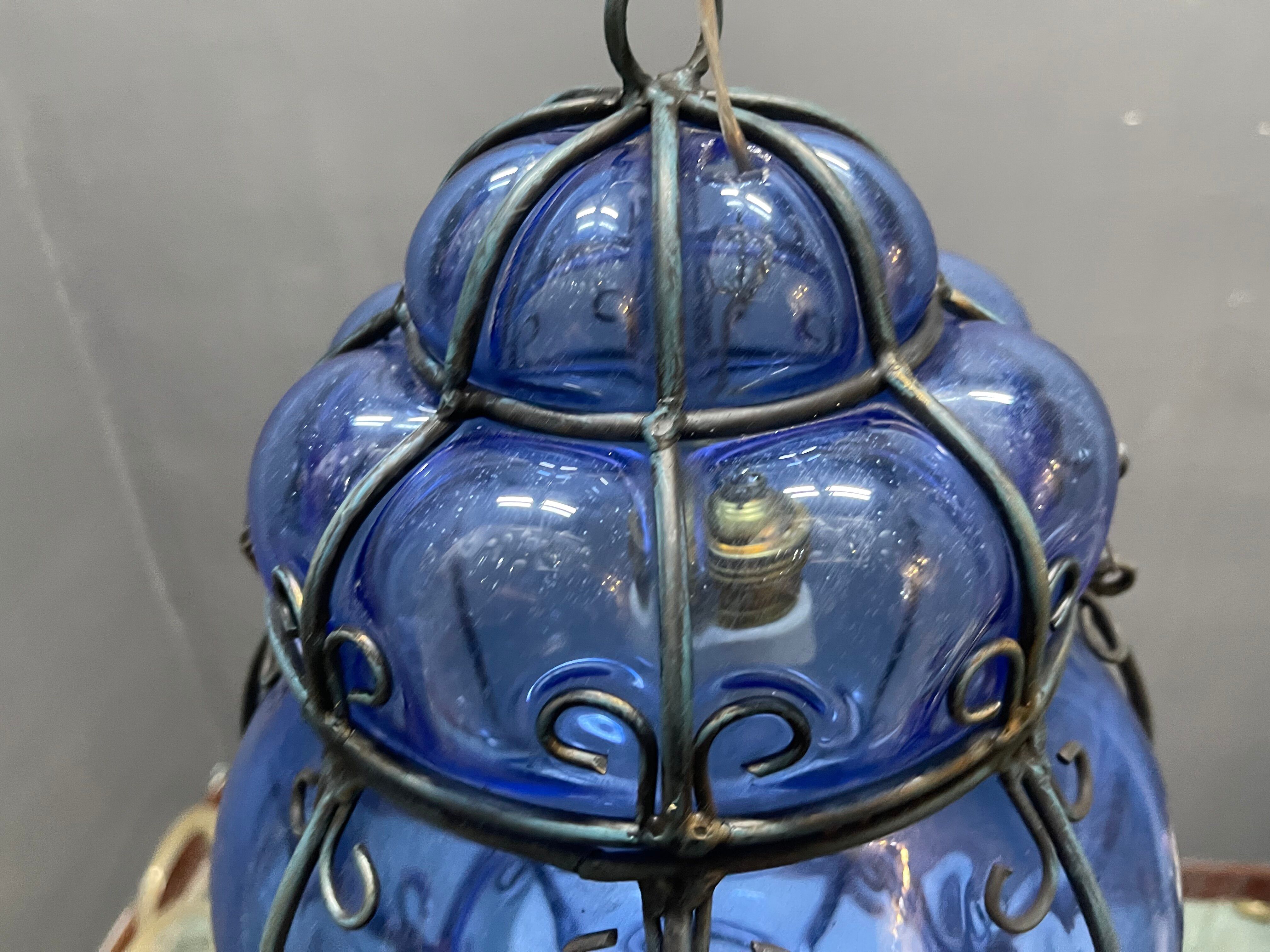 Wrought Iron Blue Murano Glass Light Pendant 1980’s