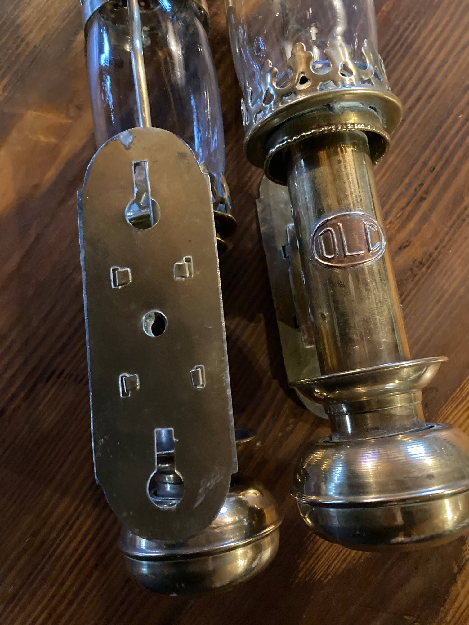 Pair of brass railway wall sconces, DLC Wagon Lit lamps