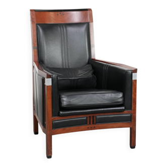 Beautiful black cow leather Art Deco armchair with high back