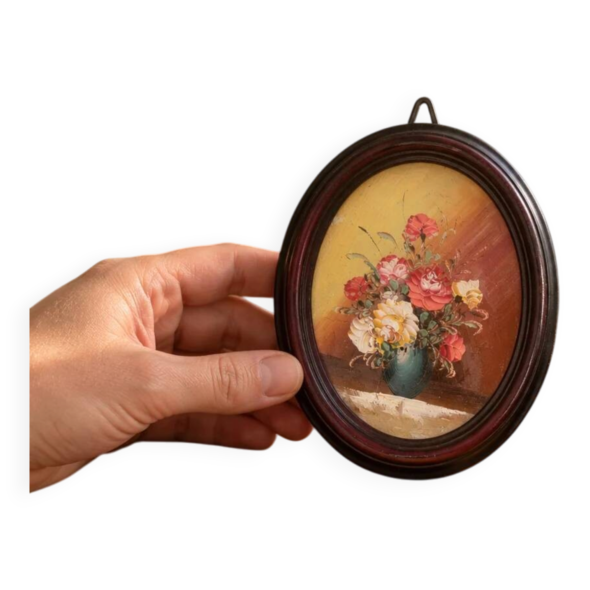 Small vintage oval painting – Raised bouquet of flowers – Retro burgundy frame