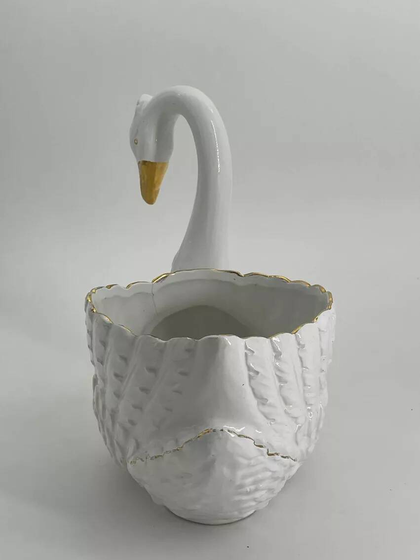 Vintage white and gold ceramic swan planter