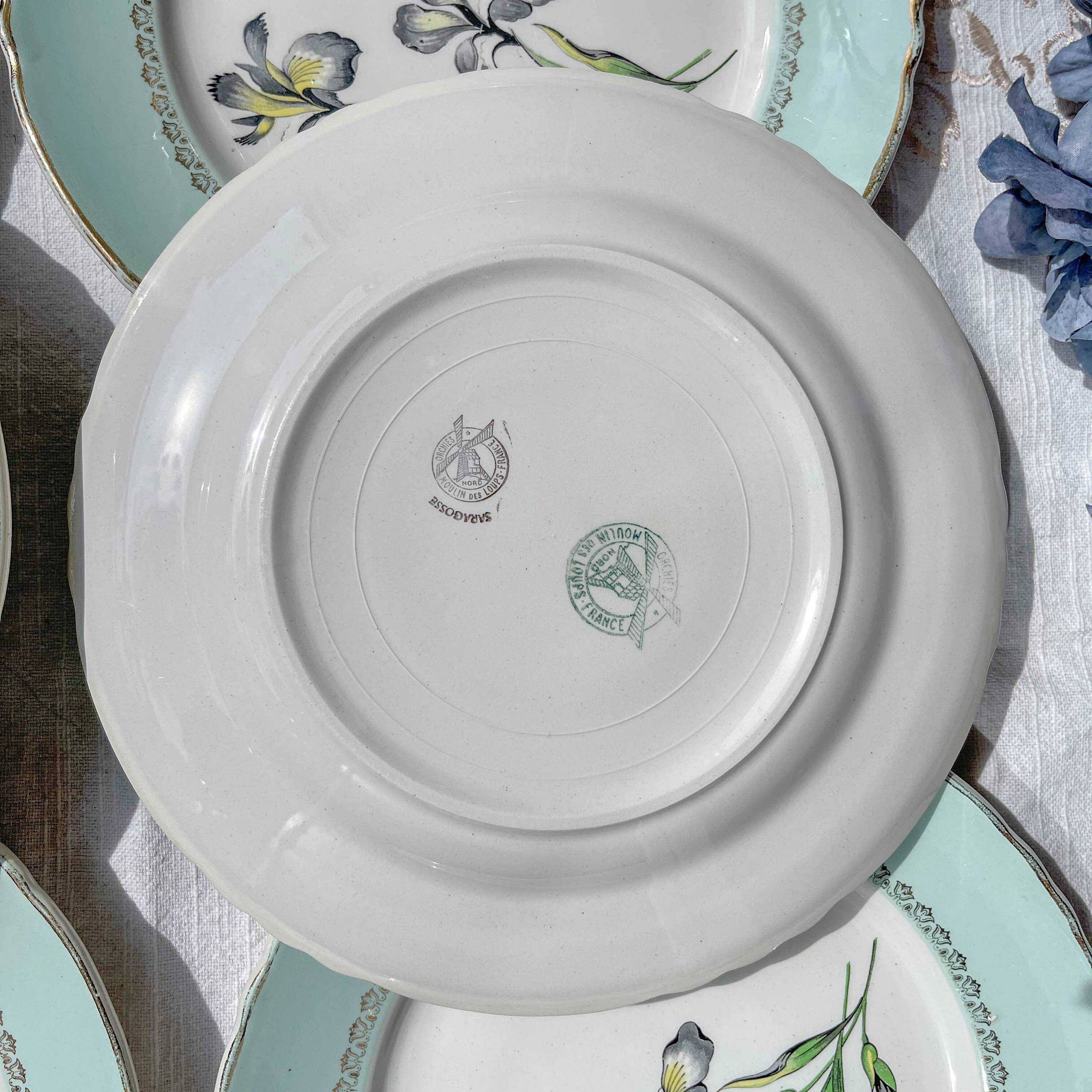 6 vintage white and green porcelain dinner plates Iris Moulin des Loups "Sargosse" 1950s