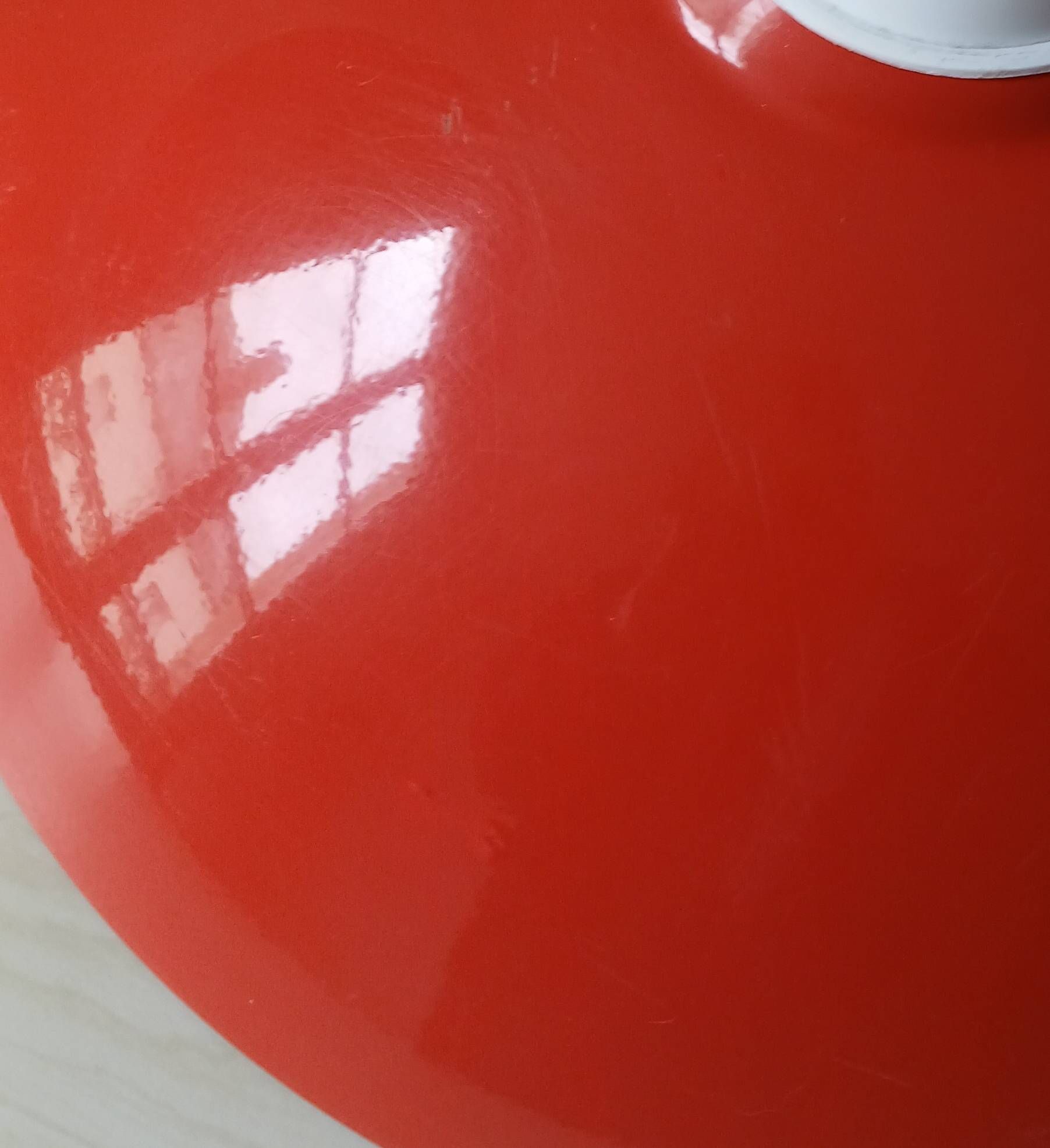 Italian pendant lamp rises & falls in red & orange lacquered metal, circa 1970