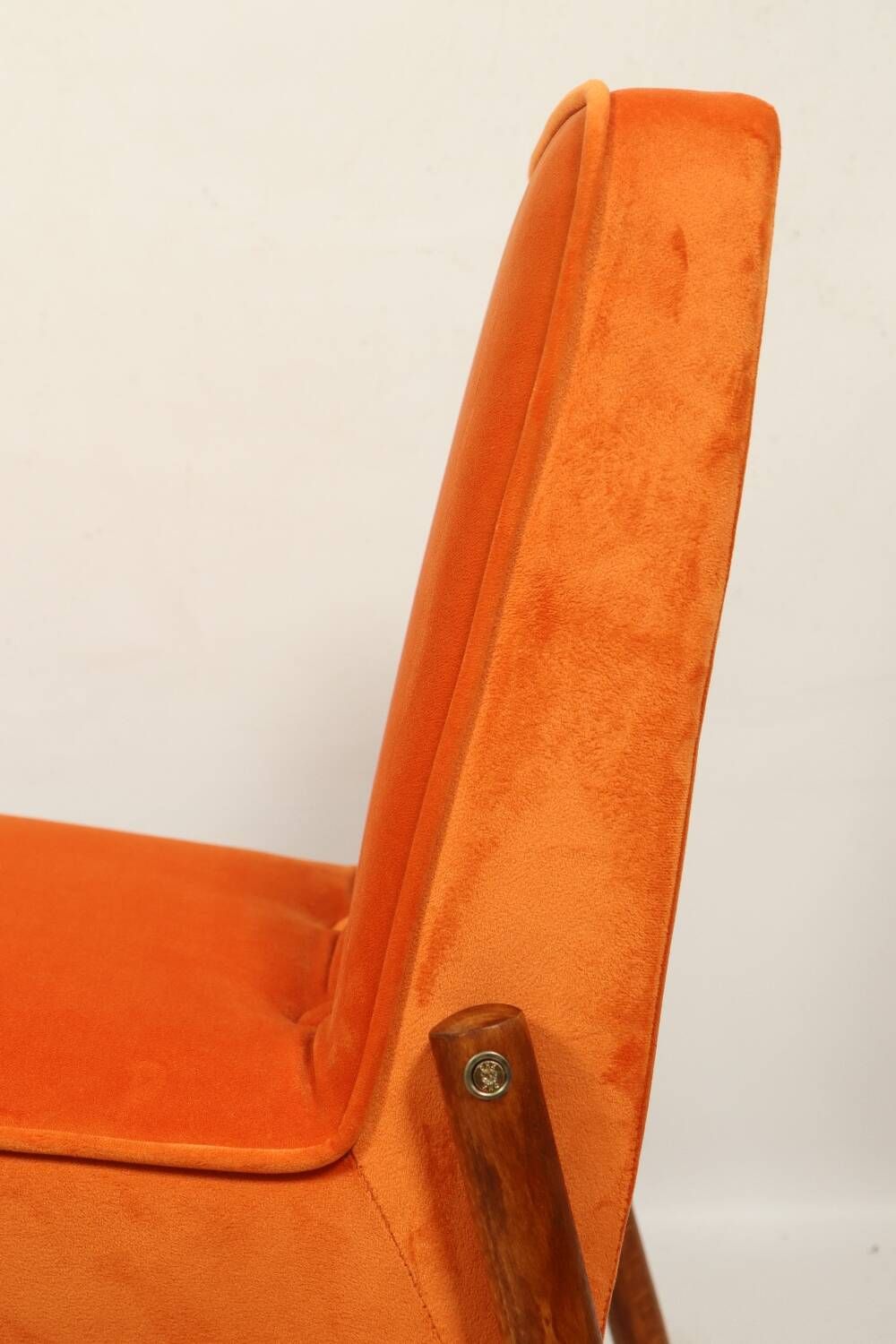 Papaya orange velvet mid century modern 1970s renovated armchair