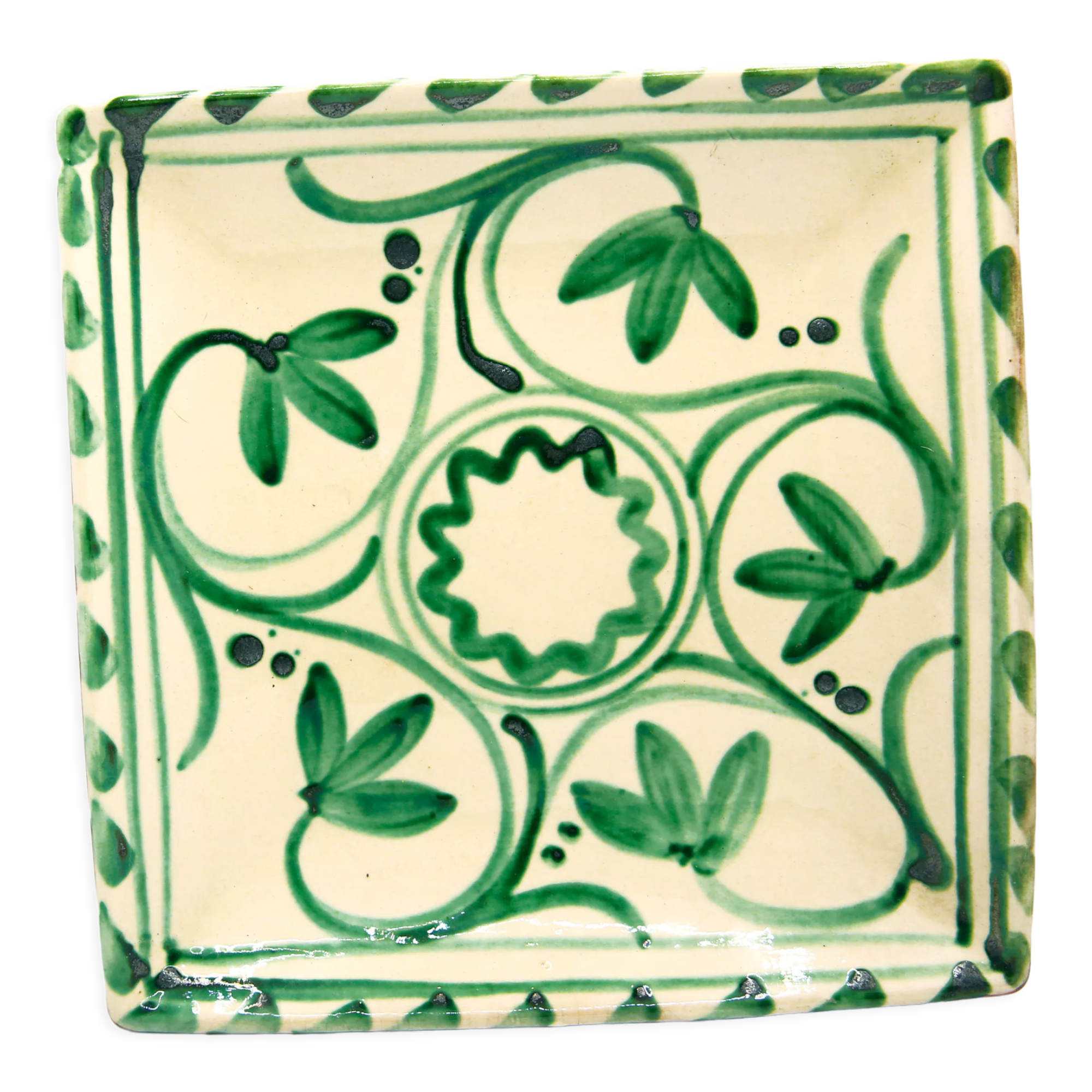 Square Mediterranean glazed earthenware dish with green flowers