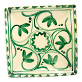 Square Mediterranean glazed earthenware dish with green flowers